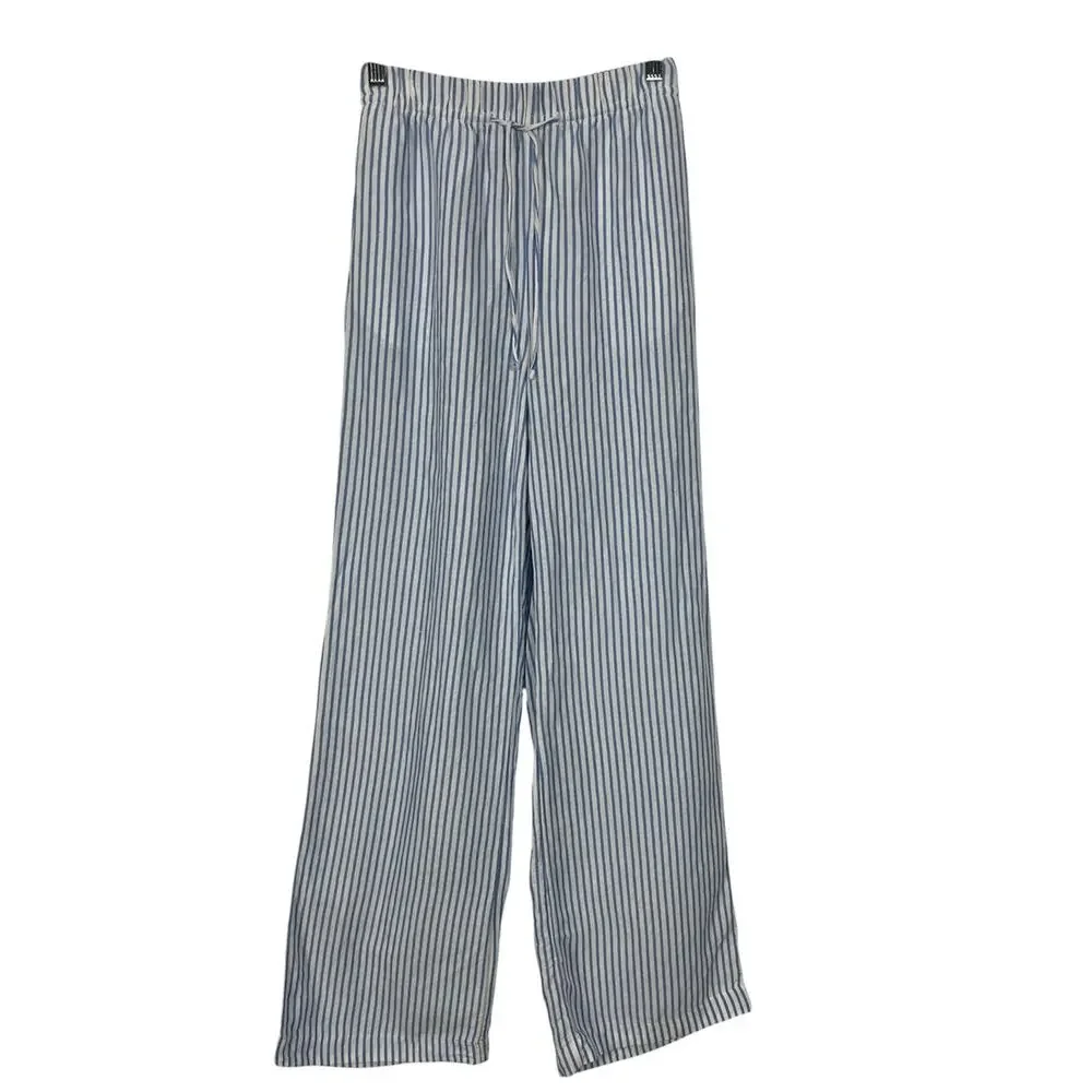 H&M Linen Blend Wide Leg Striped High Rise Pull On Pants Blue White Size XS
